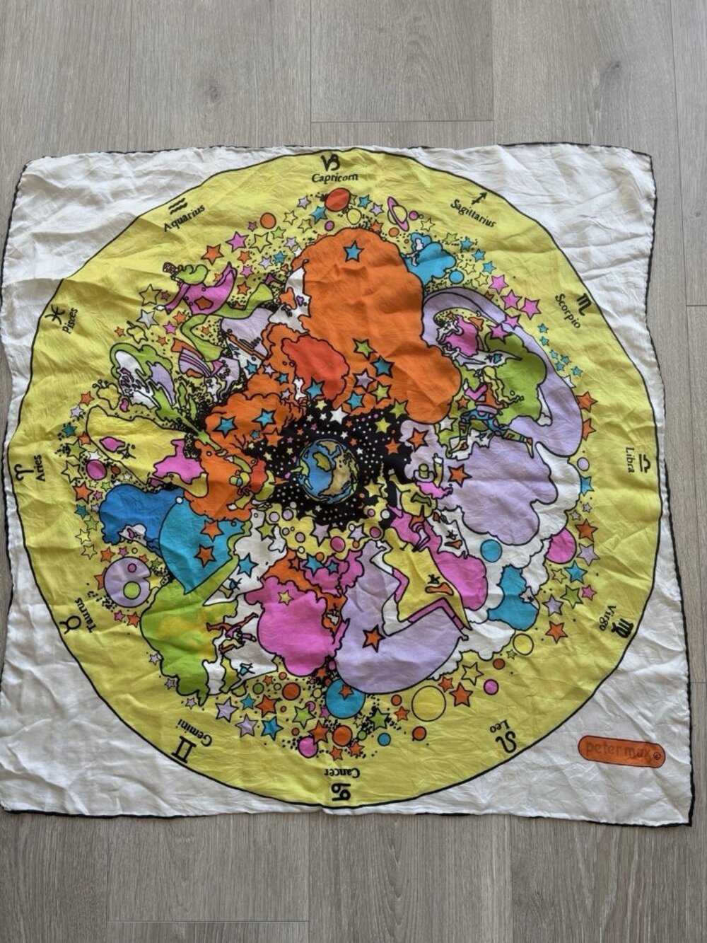 Vtg Peter Max Zodiac Astrology Silk Scarf 26” x 26” 60s Psychedelic Hippie